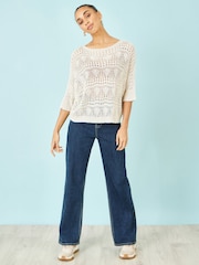 Yumi Natural Relaxed Fit Pointelle Jumper - Image 2 of 5
