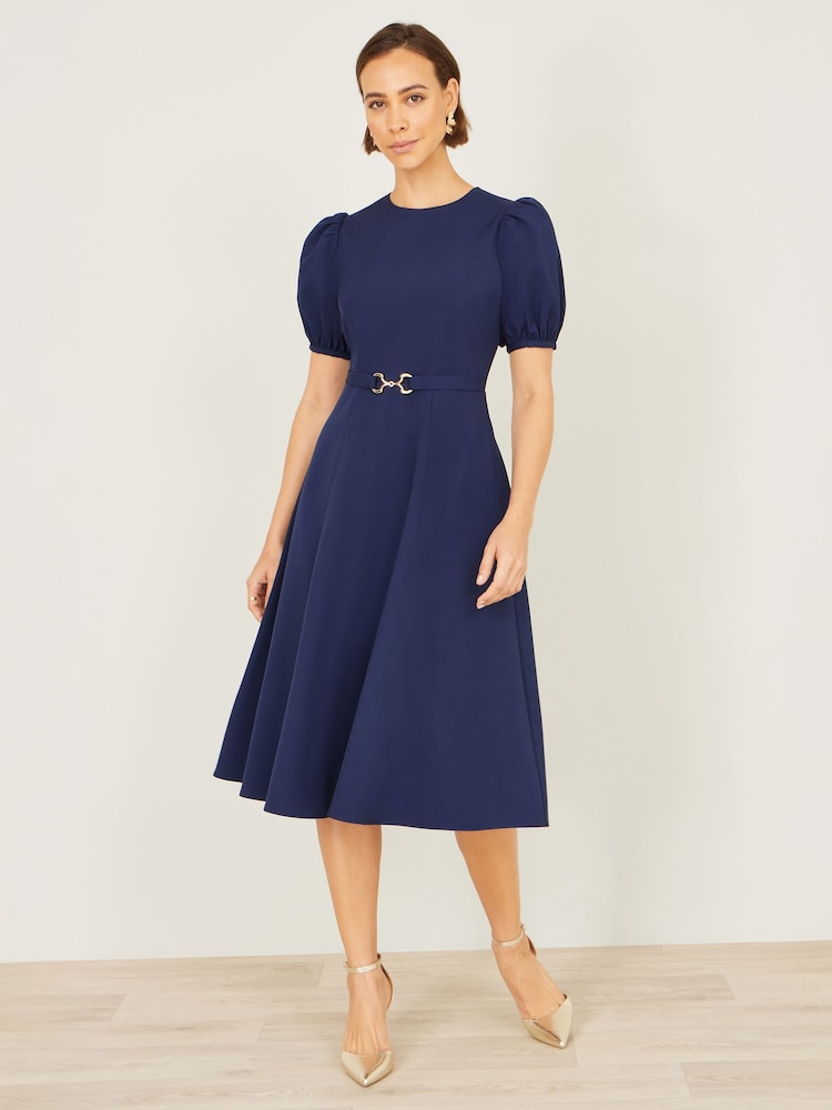 Yumi Blue Skater Dress With Puff Sleeves And Buckle Detail - Image 1 of 4