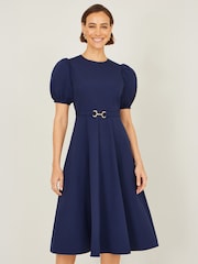 Yumi Blue Skater Dress With Puff Sleeves And Buckle Detail - Image 2 of 4