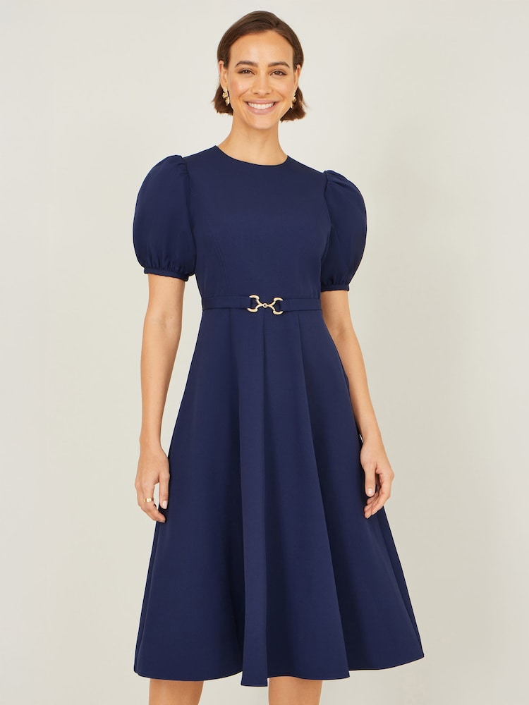Yumi Blue Skater Dress With Puff Sleeves And Buckle Detail - Image 2 of 4