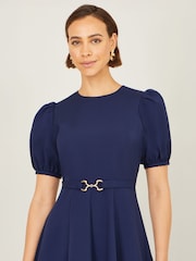 Yumi Blue Skater Dress With Puff Sleeves And Buckle Detail - Image 3 of 4