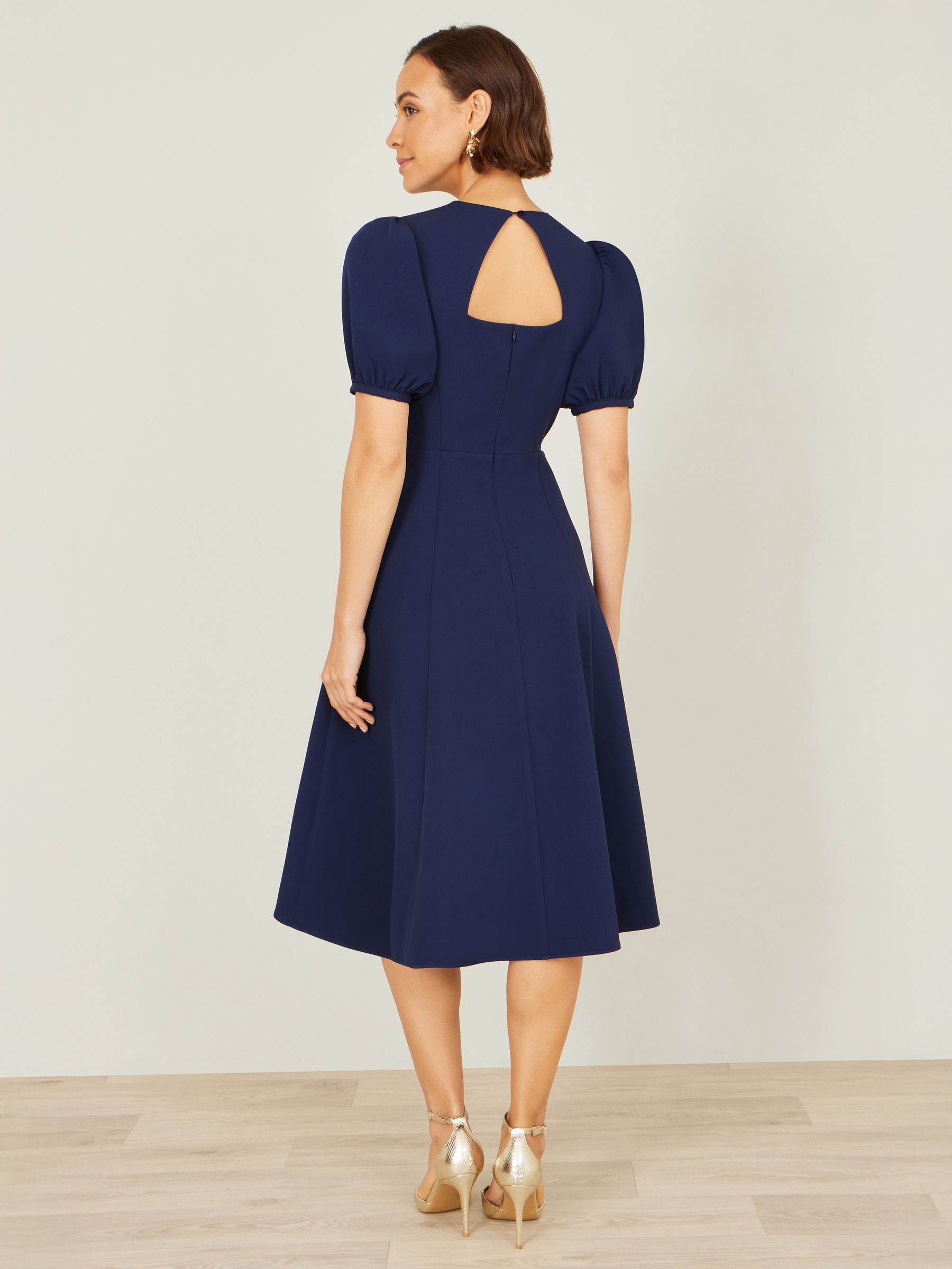 Buy Yumi Blue Skater Dress With Puff Sleeves And Buckle Detail