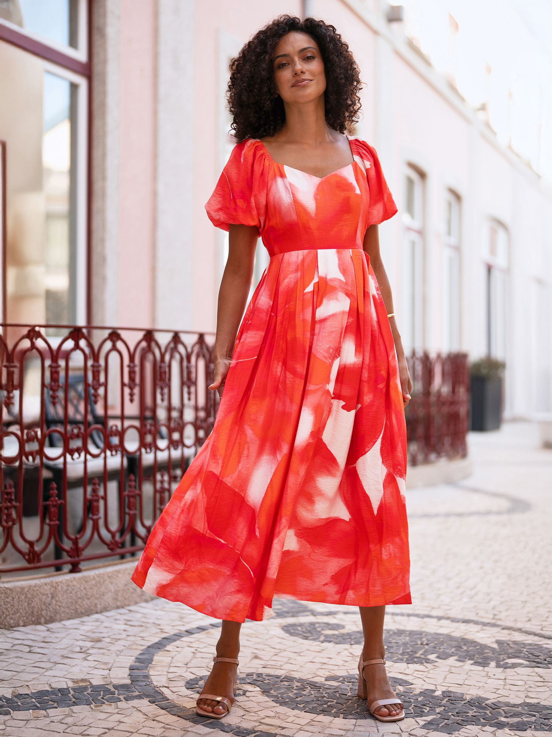 Buy Yumi Red Viscose Floral Midi Dress With Puff Sleeves from Next USA