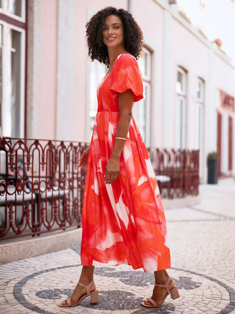 Yumi Viscose Floral Midi Dress With Puff Sleeves - Image 5 of 5