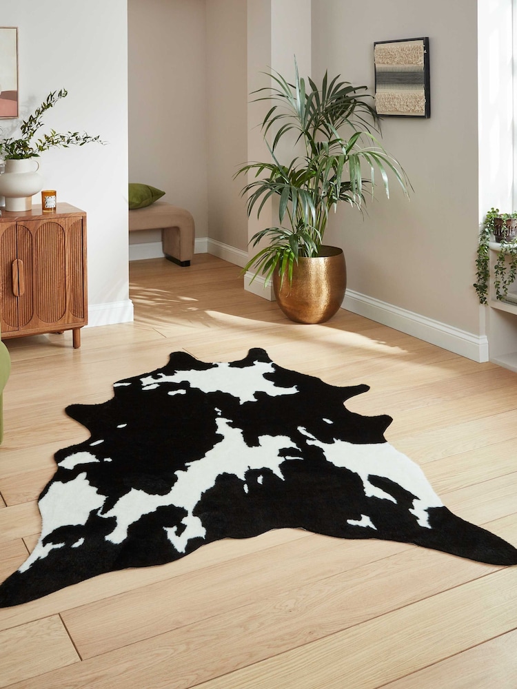 Think Rugs Black Faux Fur Cow Faux Animal Rug - Image 1 of 6