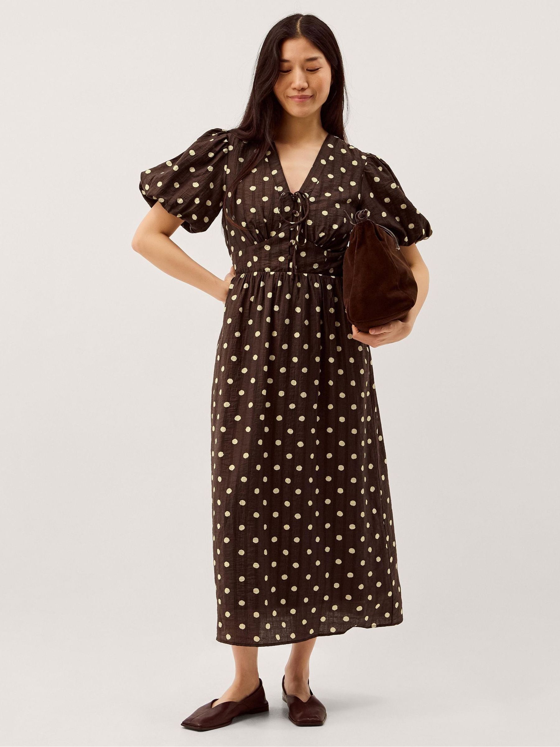 Buy Monsoon Brown Paris V-Neck Short Puff Sleeve Polka Dot Midi