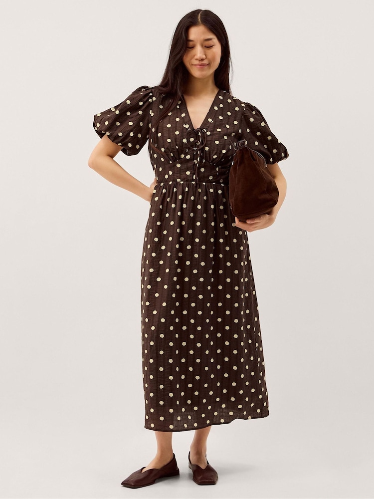 Monsoon Brown Paris Puff Sleeve Polka Dot Midi Dress - Image 1 of 6
