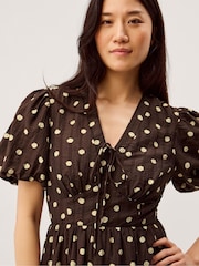 Monsoon Brown Paris Puff Sleeve Polka Dot Midi Dress - Image 2 of 6