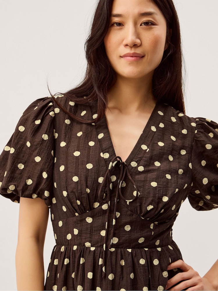 Monsoon Brown Paris Puff Sleeve Polka Dot Midi Dress - Image 2 of 6