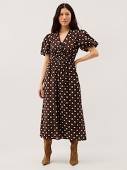 Monsoon Brown Paris Puff Sleeve Polka Dot Midi Dress - Image 5 of 6