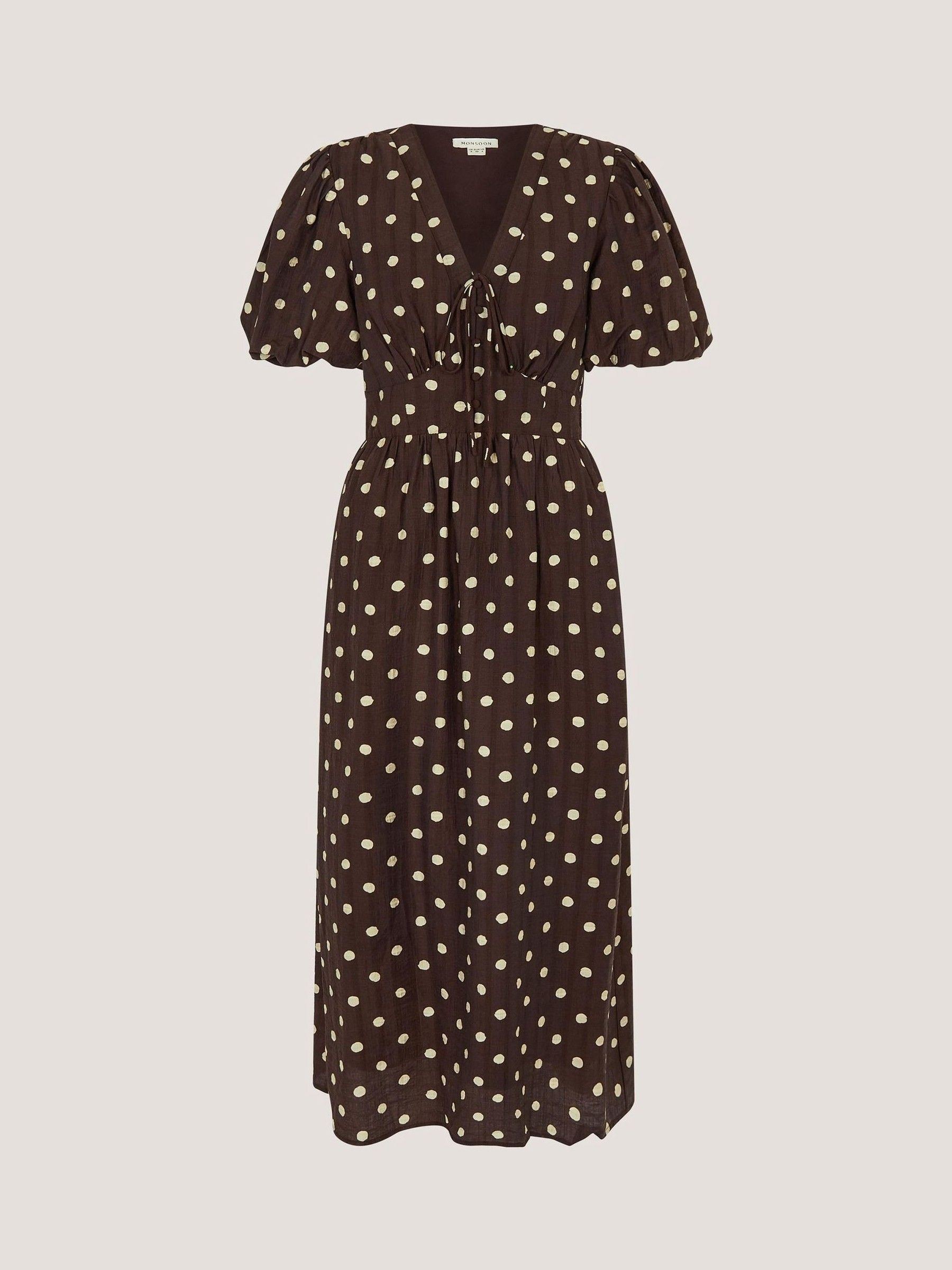 Buy Monsoon Brown Paris V-Neck Short Puff Sleeve Polka Dot Midi