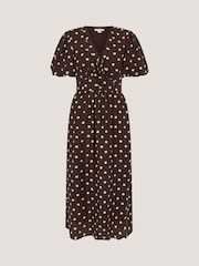 Monsoon Brown Paris Puff Sleeve Polka Dot Midi Dress - Image 6 of 6