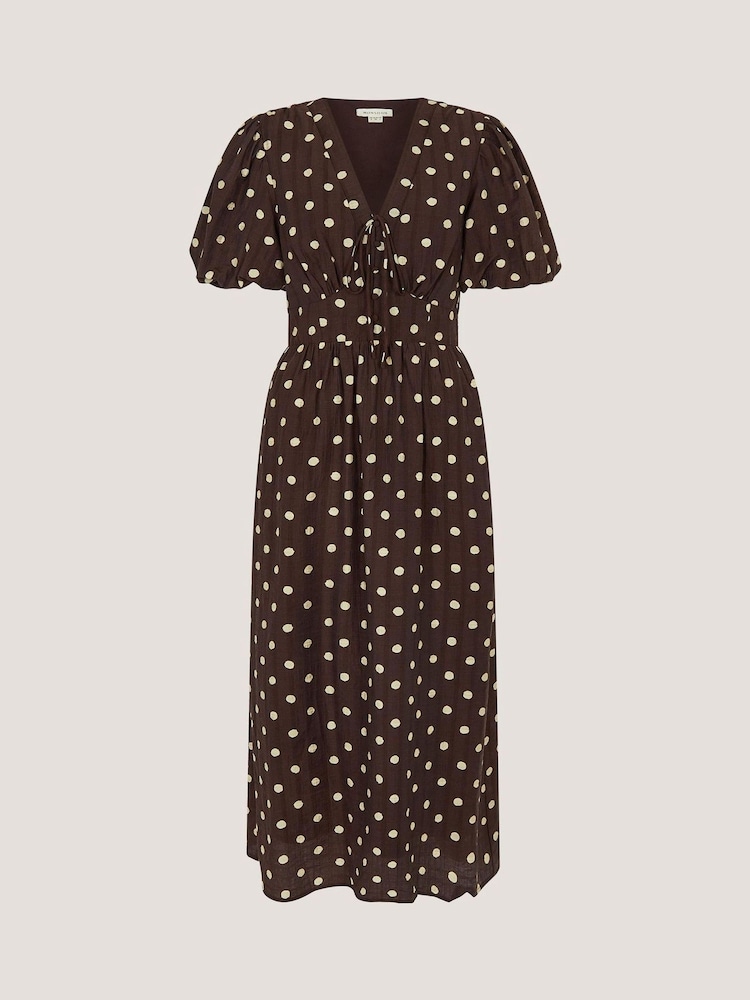 Monsoon Brown Paris Puff Sleeve Polka Dot Midi Dress - Image 6 of 6