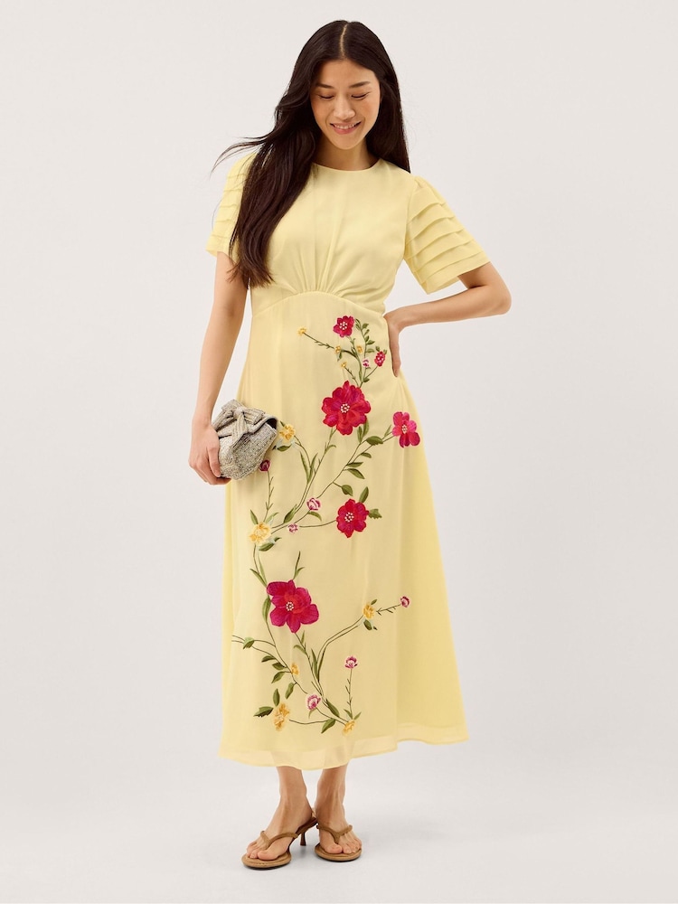 Monsoon Yellow Jocelyn Floral Embroidered Midi Dress - Image 1 of 5