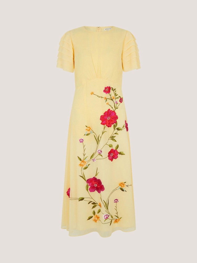 Monsoon Yellow Jocelyn Floral Embroidered Midi Dress - Image 5 of 5
