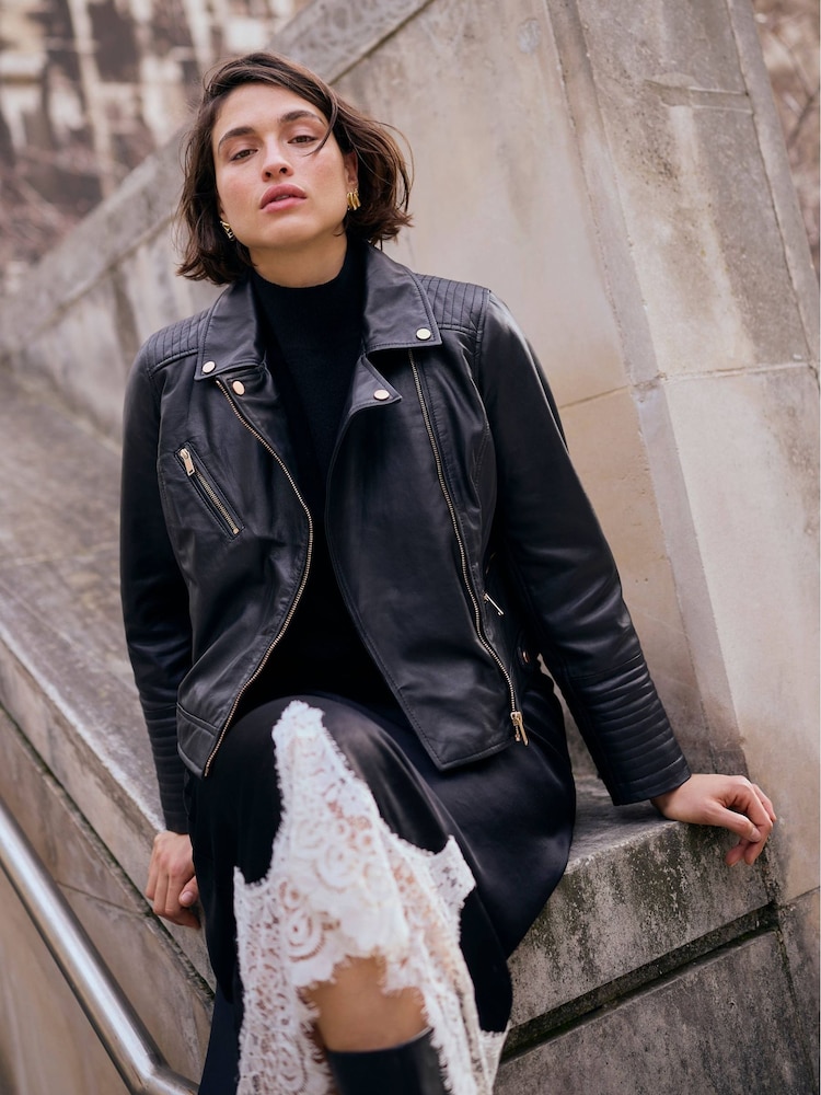 Mint Velvet Black Leather Biker Jacket - Image 1 of 10