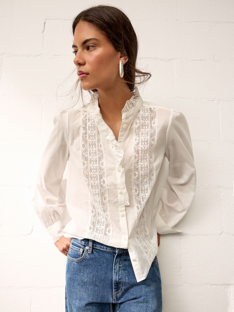 BHOEM Cream Romantic Cotton Shirt With Lace Inserts - Image 1 of 4