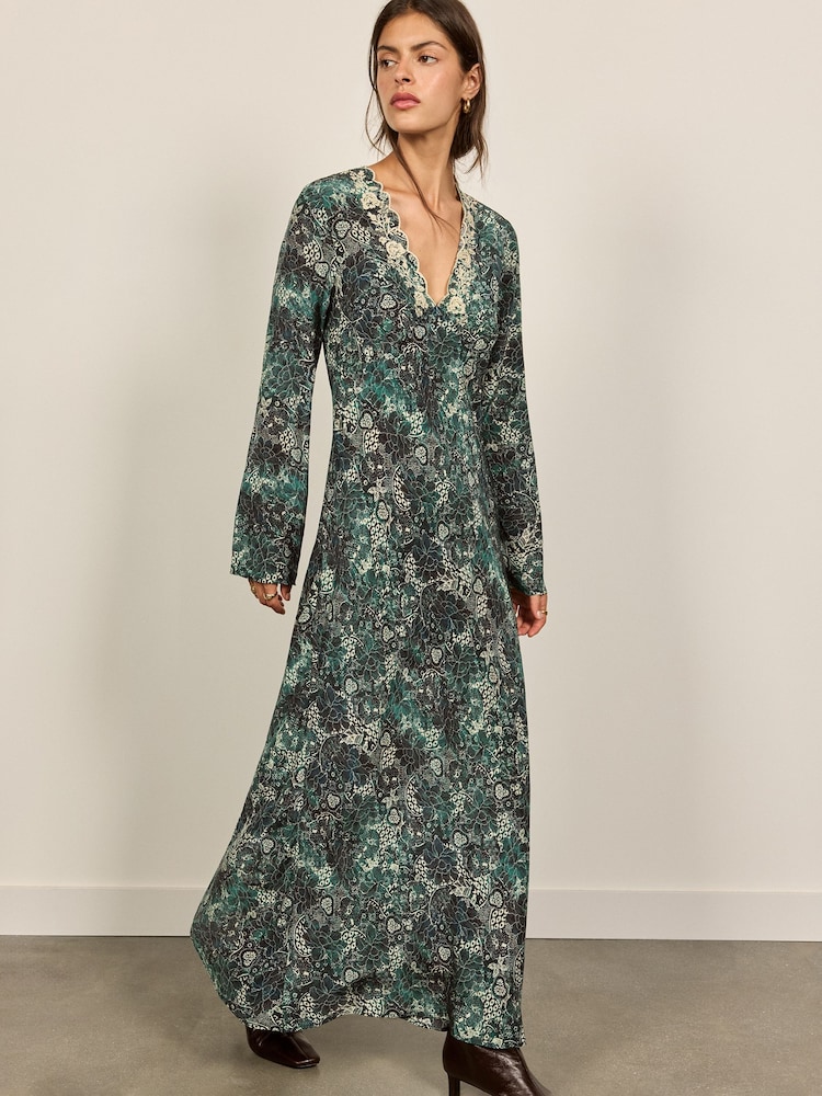 BHOEM Green Printed Long Sleeve Embroidered Midi Dress - Image 1 of 5 BHOEM Green Printed Long Sleeve Embroidered Midi Dress - Image 1 of 5