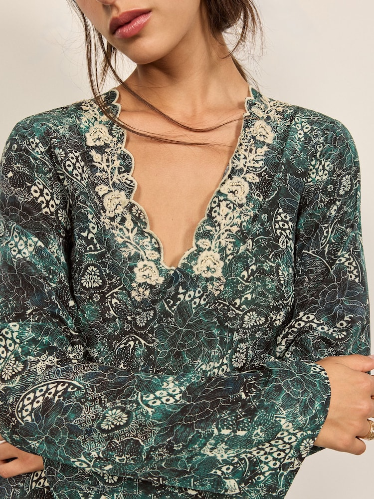 BHOEM Green Printed Long Sleeve Embroidered Midi Dress - Image 2 of 5 BHOEM Green Printed Long Sleeve Embroidered Midi Dress - Image 2 of 5
