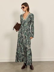 BHOEM Green Printed Long Sleeve Embroidered Midi Dress - Image 3 of 5