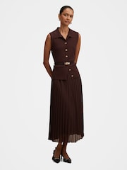 Forever New Brown Chelsea Petite Pleated Mixed Midi Dress - Image 1 of 3