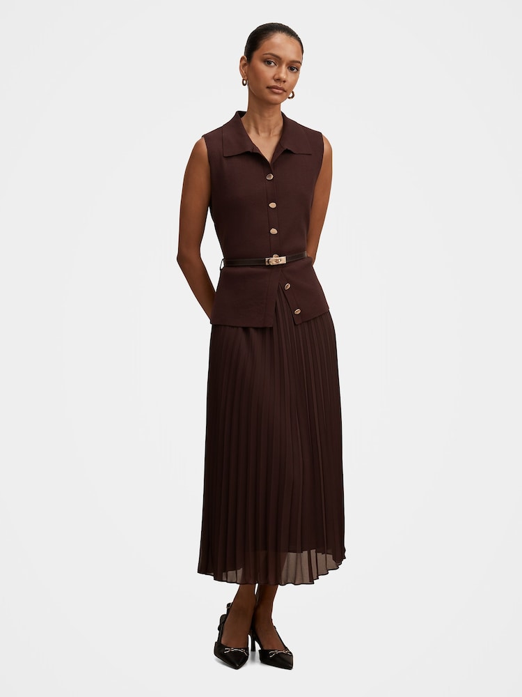 Forever New Brown Chelsea Petite Pleated Mixed Midi Dress - Image 1 of 3 Forever New Brown Chelsea Petite Pleated Mixed Midi Dress - Image 1 of 3
