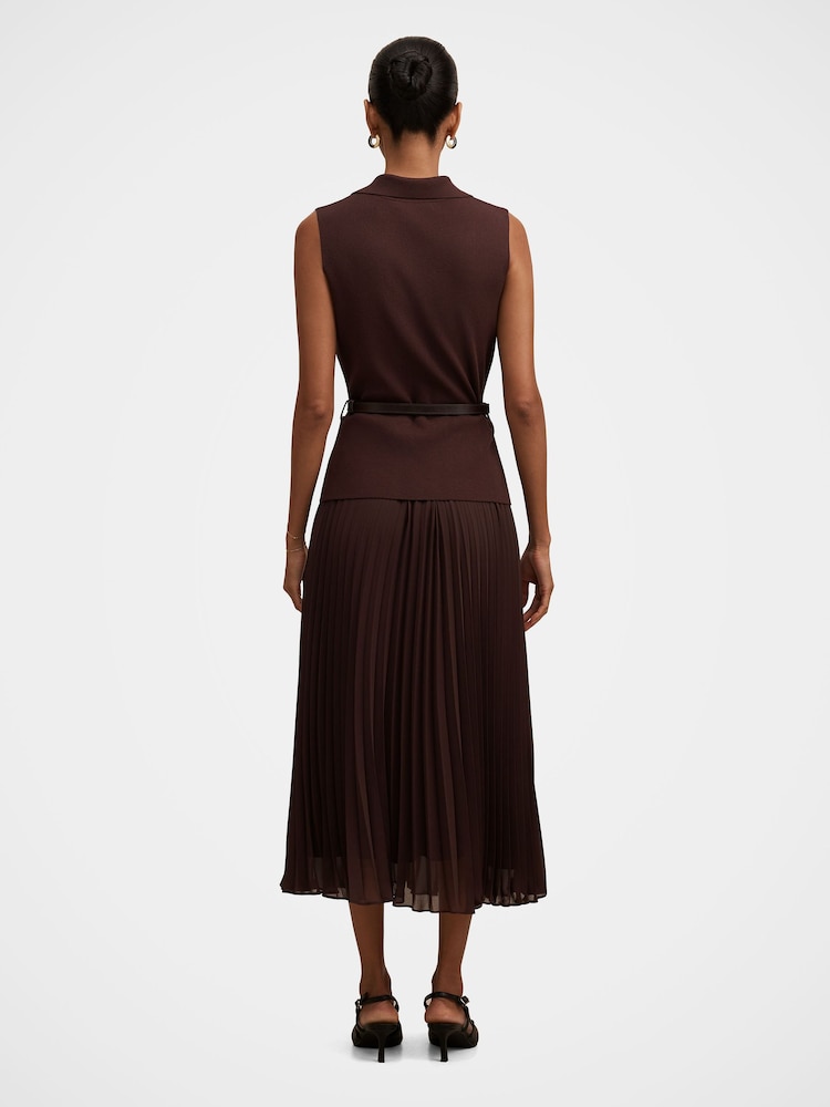 Forever New Brown Chelsea Petite Pleated Mixed Midi Dress - Image 2 of 3 Forever New Brown Chelsea Petite Pleated Mixed Midi Dress - Image 2 of 3