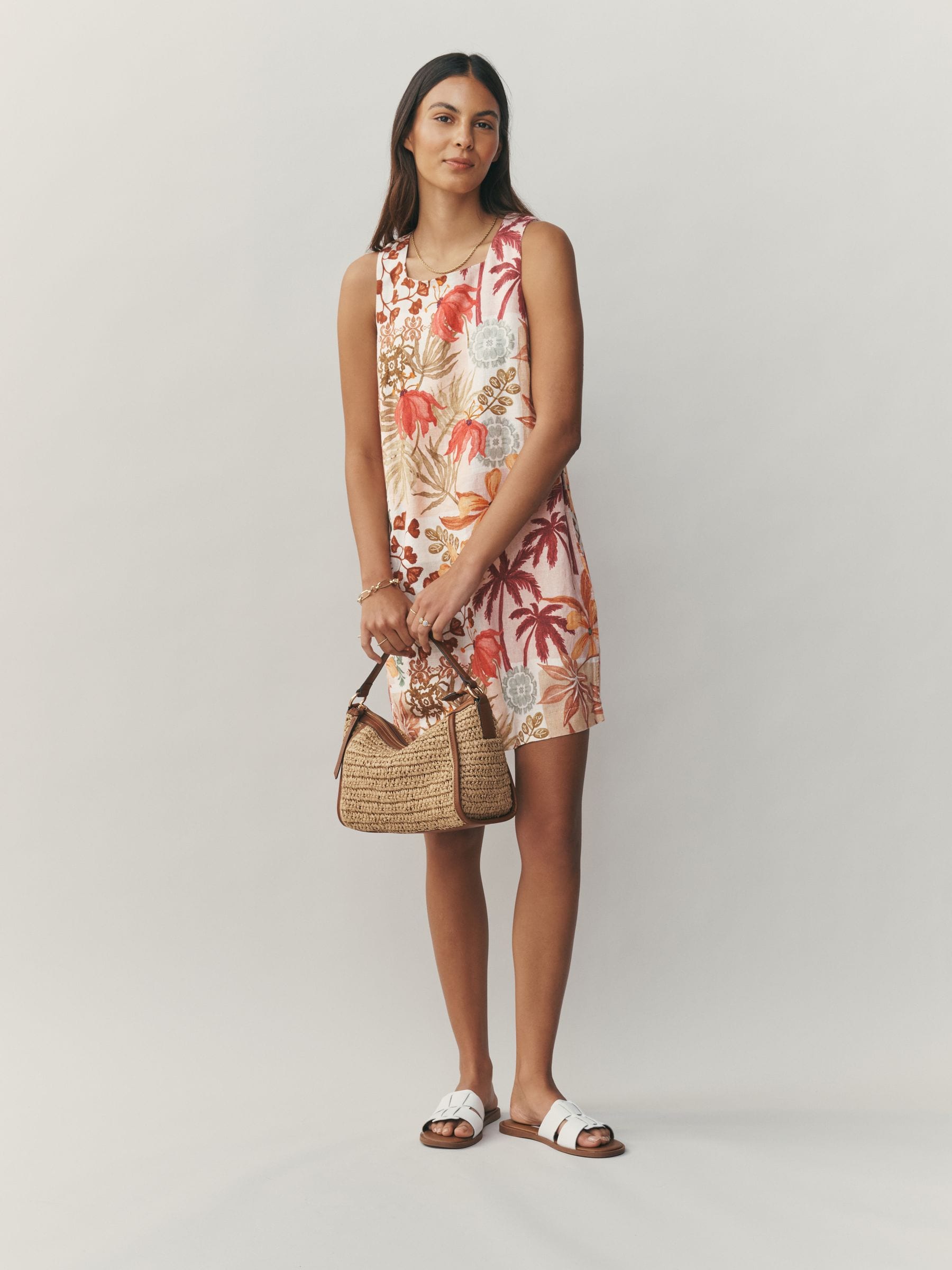 Buy Orange Floral Print Linen Rich Square Neck Shift Mini Dress