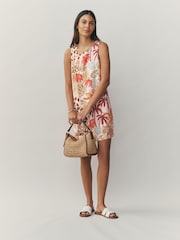 Orange Floral Print Linen Rich Square Neck Shift Mini Dress - Image 3 of 5