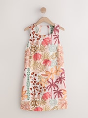 Orange Floral Print Linen Rich Square Neck Shift Mini Dress - Image 4 of 5