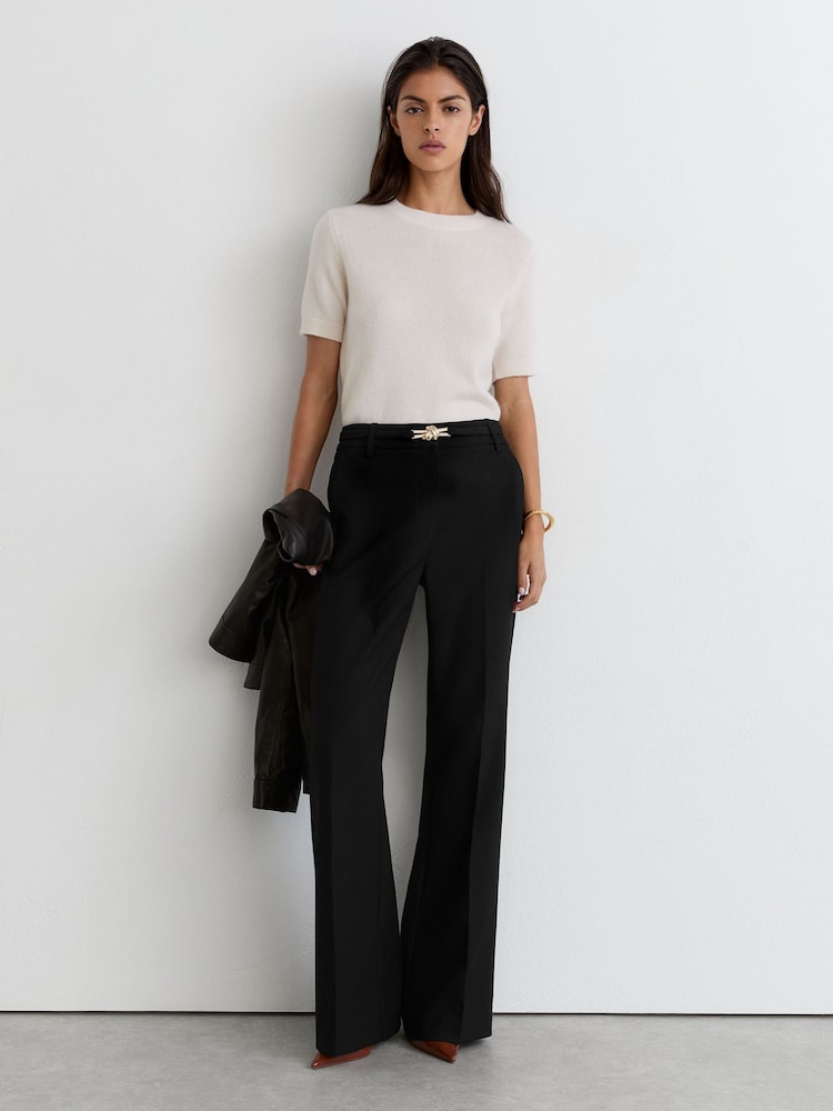 Reiss Black Leona Flared Knot-Hardware Belted Trousers - Image 1 of 6