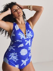 Simply Be Blue Plunge Shell Print Swimsuit - Image 1 of 4
