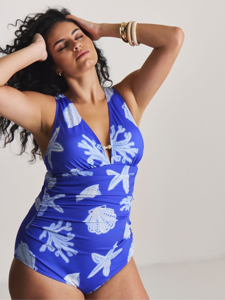 Simply Be Blue Plunge Shell Print Swimsuit - Image 1 of 4