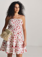 Simply Be White Cherry Print Shirred Bandeau Beach Dress - Image 1 of 4