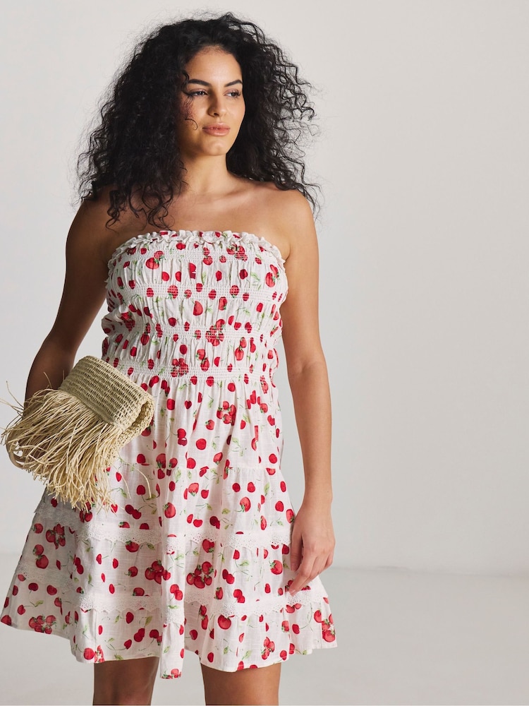 Simply Be White Cherry Print Shirred Bandeau Beach Dress - Image 1 of 4