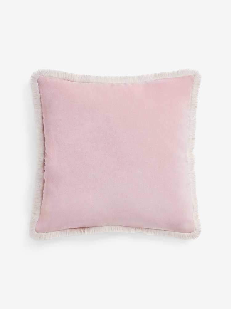 Pink 59 x 59cm Soft Velour Contrast Fringe Cushion - Image 1 of 2 Pink 59 x 59cm Soft Velour Contrast Fringe Cushion - Image 1 of 2