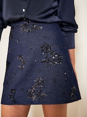 Friends Like These Rinse Wash Floral Embellished A Line Denim Mini Skirt - Image 1 of 6