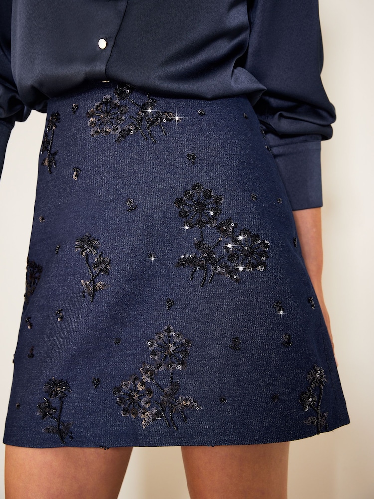 Friends Like These Rinse Wash Floral Embellished A Line Denim Mini Skirt - Image 1 of 6