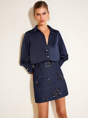 Friends Like These Rinse Wash Floral Embellished A Line Denim Mini Skirt - Image 3 of 6