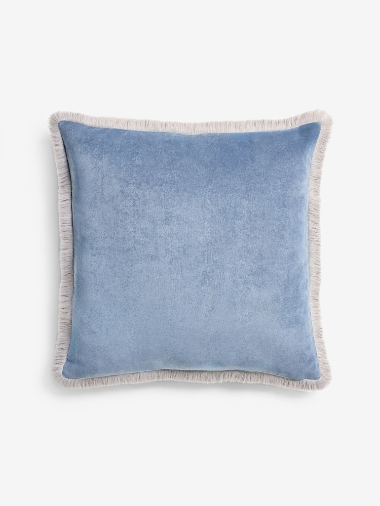Light Blue 59 x 59cm Soft Velour Contrast Fringe Cushion - Image 4 of 4