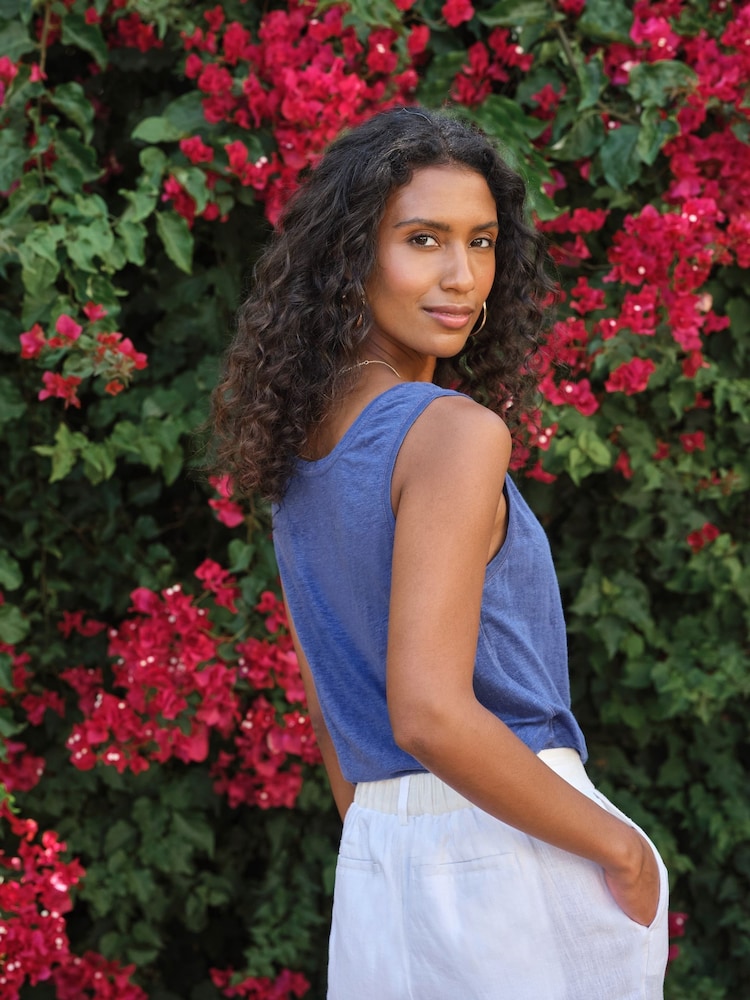 Pure Collection Blue Linen Sleeveless Vest Top - Image 2 of 3
