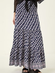 Roman Blue Floral Print Shirred Maxi Skirt - Image 1 of 5