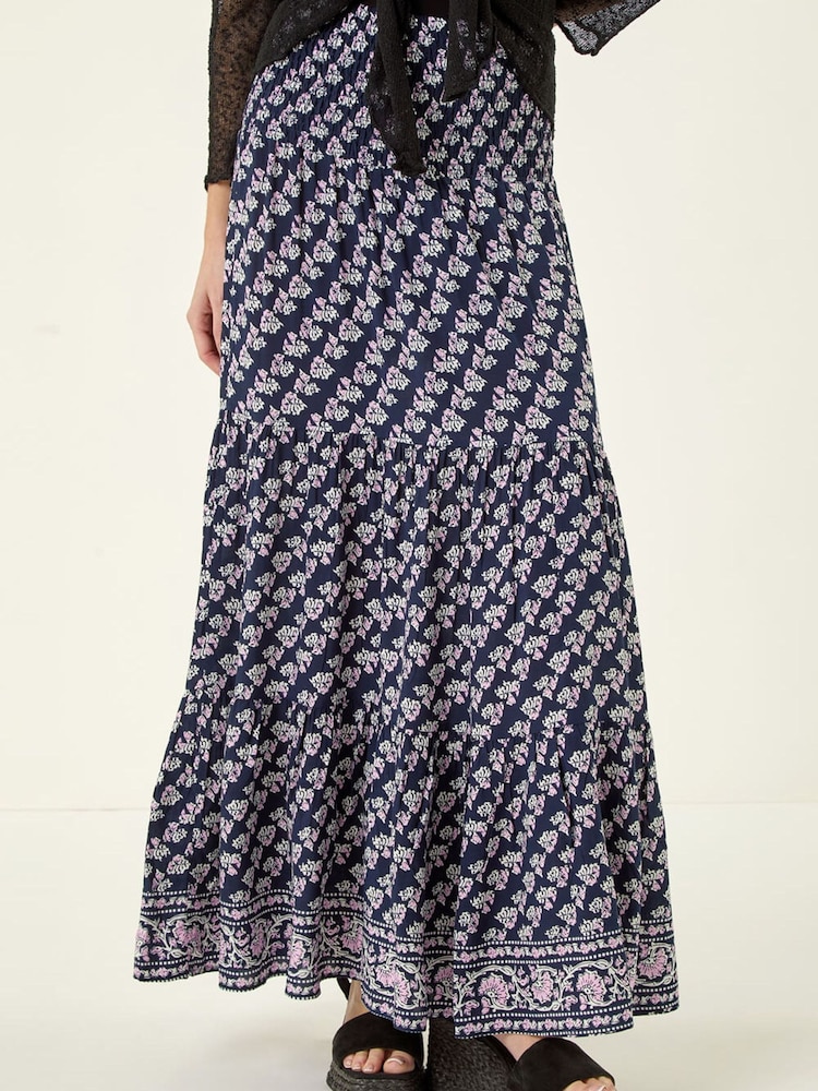 Roman Blue Floral Print Shirred Maxi Skirt - Image 1 of 5