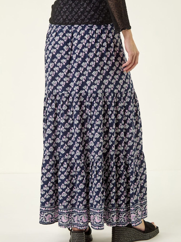 Roman Blue Floral Print Shirred Maxi Skirt - Image 2 of 5