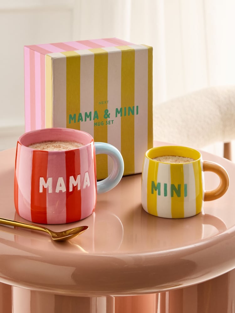 Set of 2 Pink and Yellow Mama and Mini Bright Stripe Mugs - Image 1 of 5 Set of 2 Pink and Yellow Mama and Mini Bright Stripe Mugs - Image 1 of 5