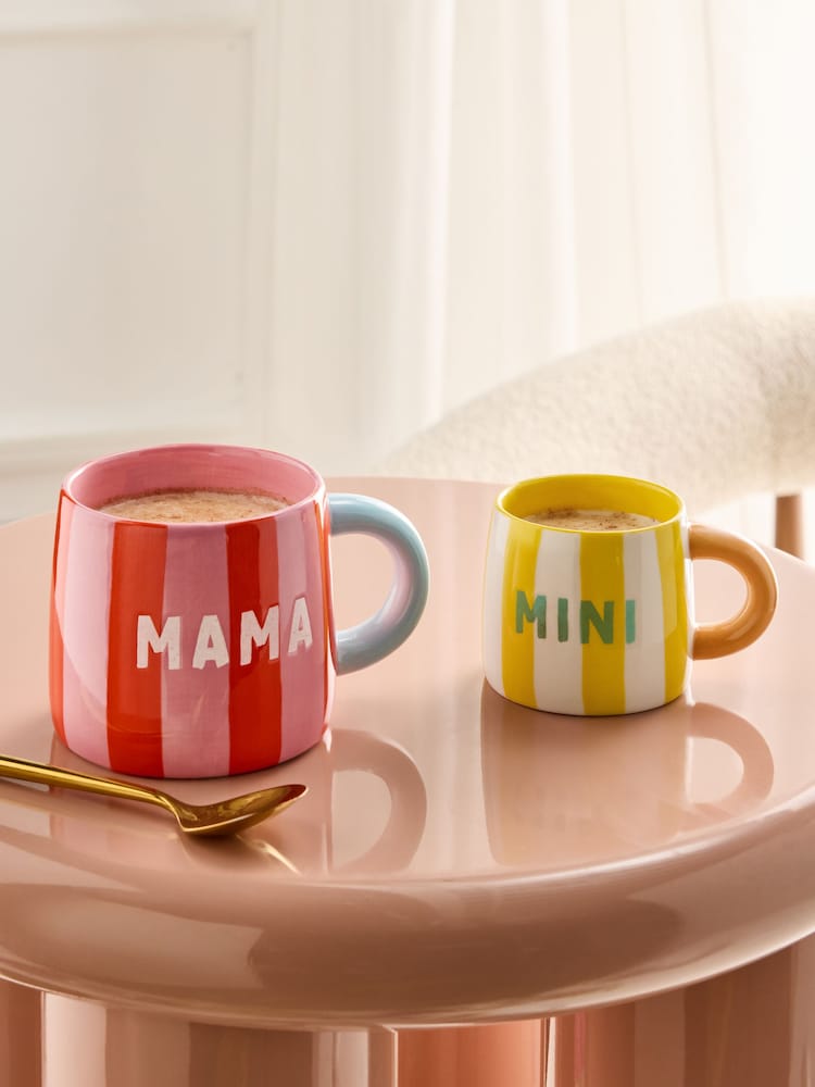 Set of 2 Pink and Yellow Mama and Mini Bright Stripe Mugs - Image 2 of 5 Set of 2 Pink and Yellow Mama and Mini Bright Stripe Mugs - Image 2 of 5