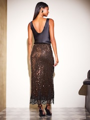 Friends Like These Chocolate Brown Lace Hem Sequin Midi Skirt - Image 6 of 6