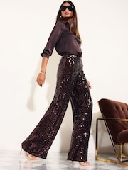 Friends Like These Chocolate Brown Petite Sequin Wide Leg Trousers - Image 2 of 6
