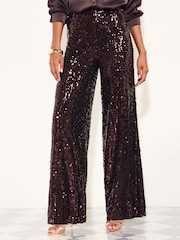 Friends Like These Chocolate Brown Petite Sequin Wide Leg Trousers - Image 3 of 6