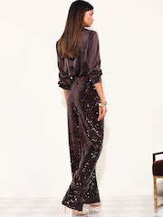 Friends Like These Chocolate Brown Petite Sequin Wide Leg Trousers - Image 5 of 6